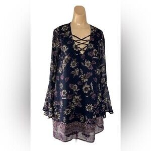 Speechless Blue Floral Bell Sleeve Fully Lined Dress Women Size Medium